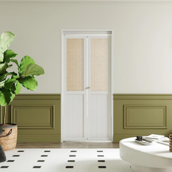36 in x 80 in Webbing and Wood Bi-Fold Interior Door for Closet, MDF, White Folding Door Wardrobe, Including Hardware