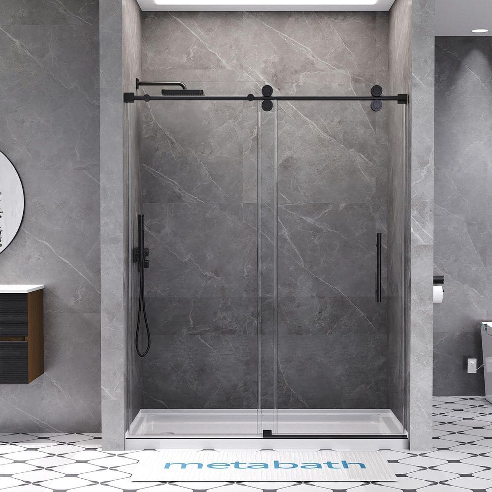 56 to 60 in. W x 76 in. H Single Sliding Frameless Shower Door in Matte Bla