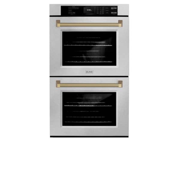 Autograph 30 in. True Convection Double Wall Oven with Air Fry in Satin Steel with Champagne Bronze Helix Handles