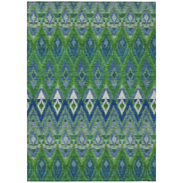 Green, Blue 10 ft. x 14 ft. Woven Oriental Polyester Rectangle Indoor/Outdoor Area Rug