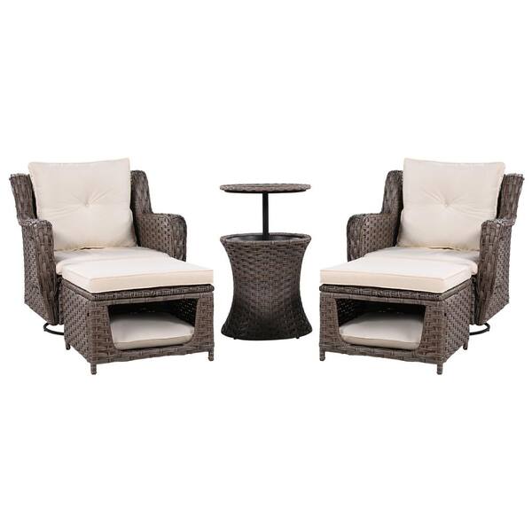 Unbranded Brown 5-Piece Wicker Patio Conversation Set with Pet House, Cool Bar, Retractable Side Tray, Ottomans and Beige Cushions