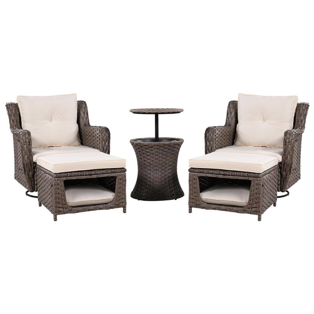 Brown 5-Piece Wicker Patio Conversation Set with Pet House, Cool Bar, Retra