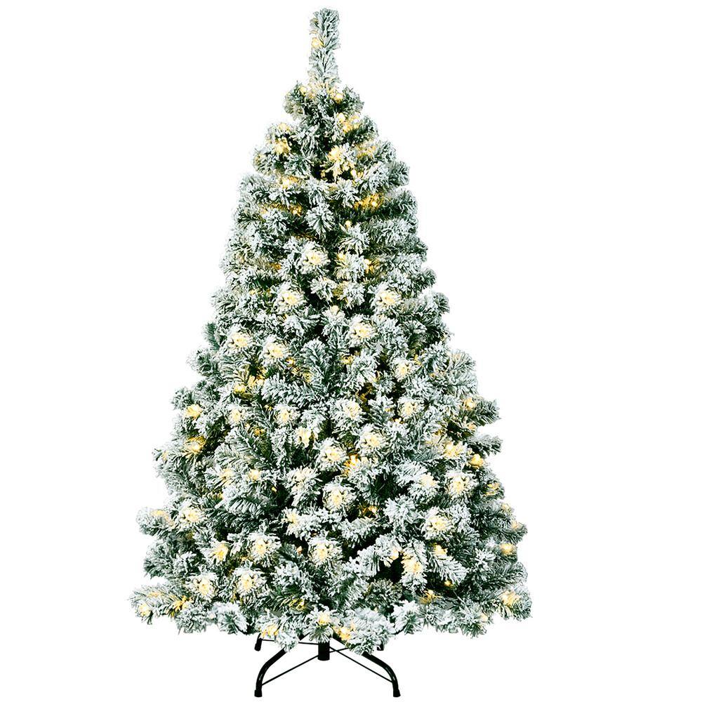 4.5 ft. Pre-Lit Snow Flocked Hinged Pine Artificial Christmas Tree with 200 Warm LED Lights