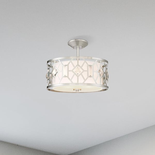 Designers Fountain Brentwood 15.5 in. 2-Light Satin Platinum Transitional Entryway Semi-Flush Mount with White Fabric Shade