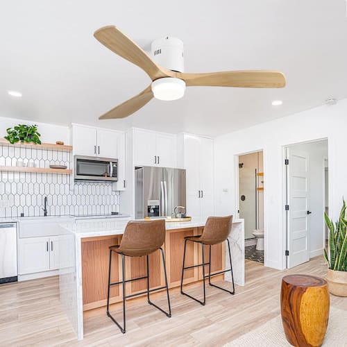 52 in. LED Indoor White Soild Wood Blade Noiseless Ceiling Fan with Light Kit and Remote Control Ceiling Fans With Lights