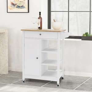 Tileon White Kitchen Island Cart With Rolling Wheel & Wood Table Top 