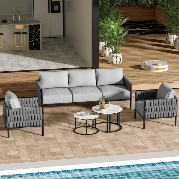 Unbranded Gray 5-Piece 5-Seat Metal Rope Patio Conversation Sectional Seating Set with 2 Accent Tables and White Cushions