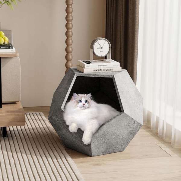 25.98 in. Cement Gray Polygon MDF Modern Cat Bed Side Table/Coffee Table/Flower Pot Multifunctional Furniture