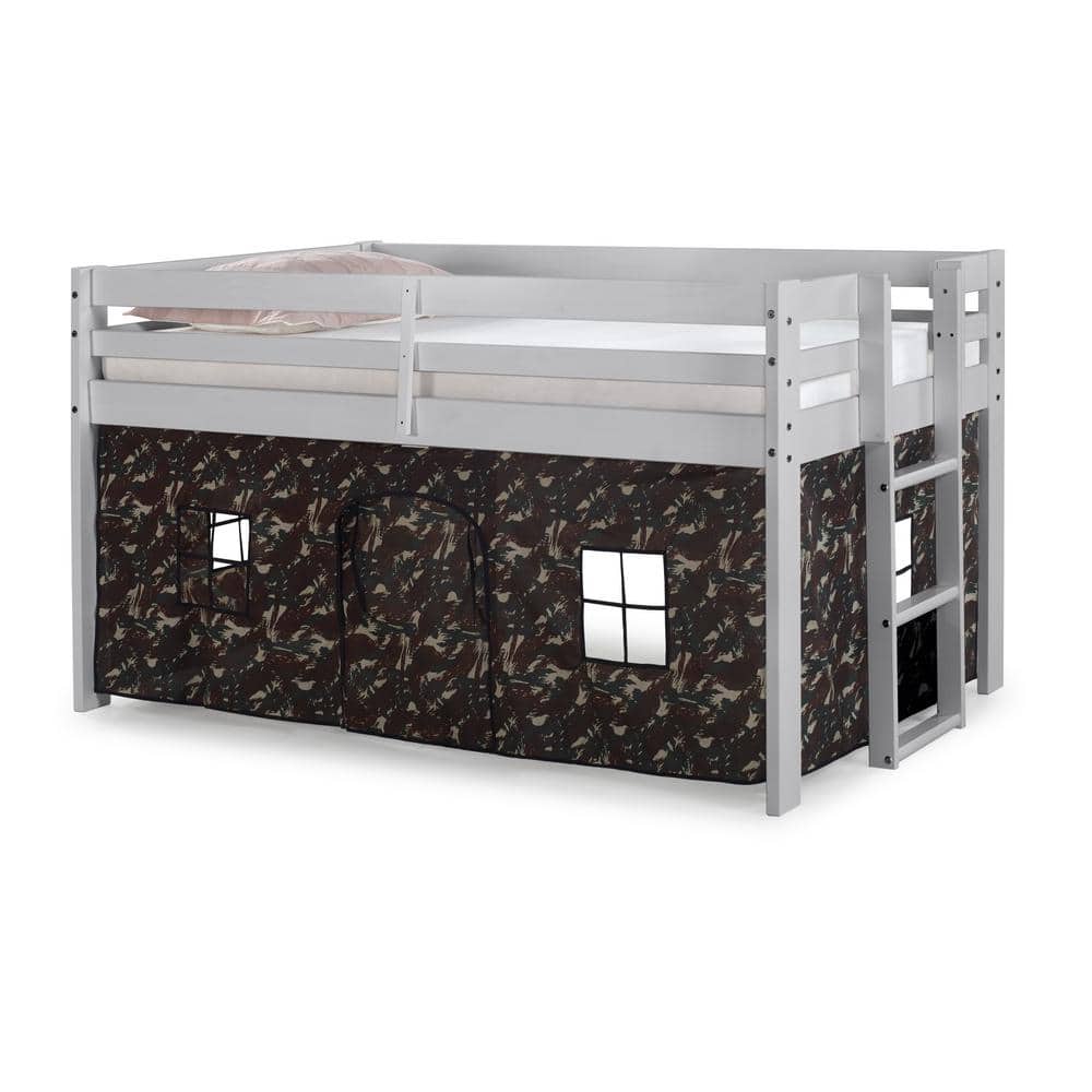 Dove Gray Twin Loft Bed with Green Camouflage Tent