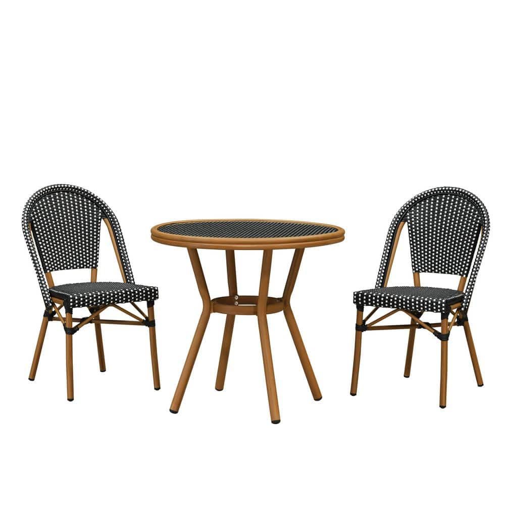 3-Piece Aluminum All-Weather Outdoor Dining Set with Rattan Round Table and Wood-Grain Frames Backrest Chair, Black price history on PriceWatchPro
