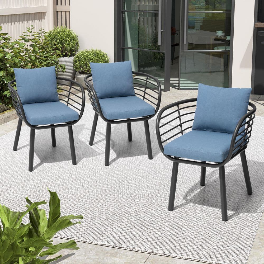 (3-Pack) Aluminum Outdoor Dining Chair Patio Dining Chairs Fade-Resistant Sunbrella Textilene 3.1 in. T Blue Cushions price drop on PriceWatchPro