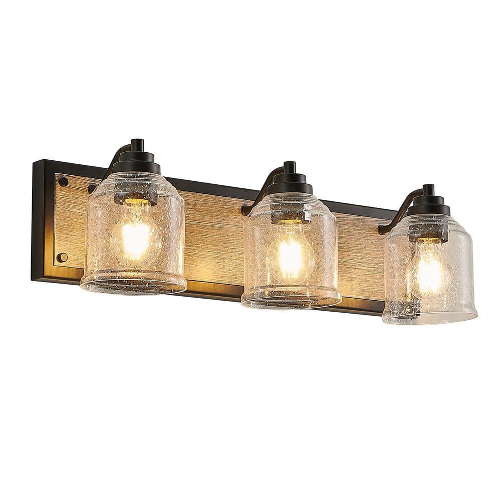 23 in. Farmhouse 3 Light Black Vanity Light with Clear Glass Shade, Wood Ba