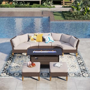 Brown Rattan Wicker 7-Seat 8-Piece Steel Outdoor Fire Pit Patio Set with Beige Cushions and Rectangular Fire Pit Table