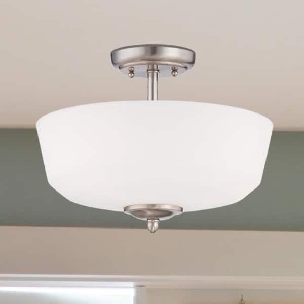 Darcy 14.5 in. 3-Light Brushed Nickel Transitional Entryway Semi-Flush Mount with White Opal Glass Shade