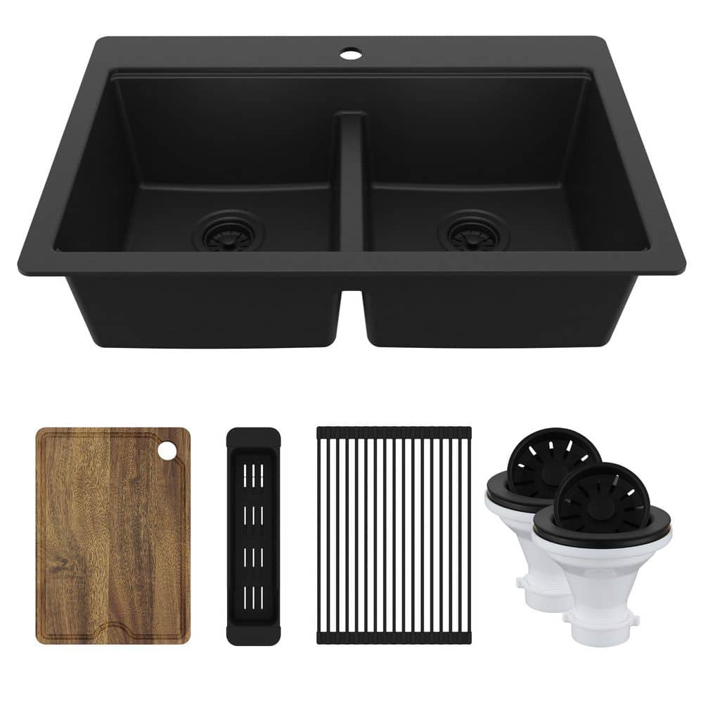 33 in. Drop-In 50/50 Double Bowl Quartz Workstation Kitchen Sink in Black price history on PriceWatchPro