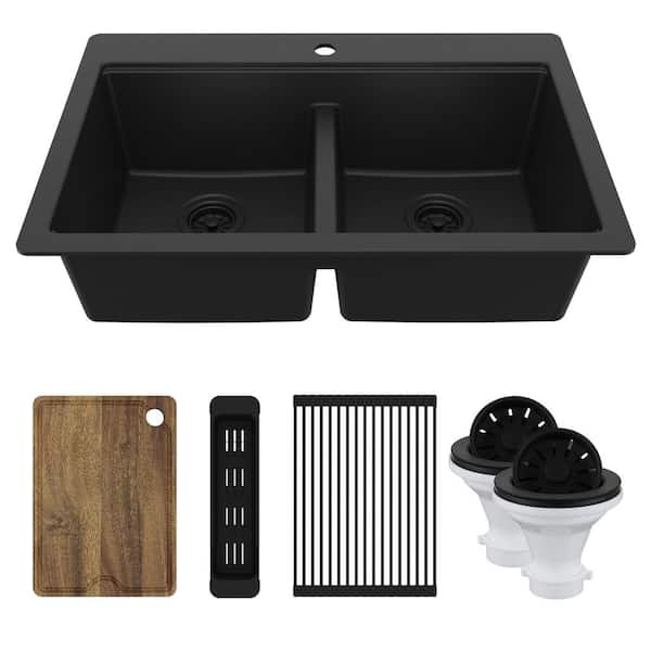 33 in. Drop-In 50/50 Double Bowl Quartz Workstation Kitchen Sink in Black