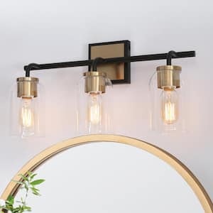 19.5 in. 3-Light Brass Gold Bathroom Vanity Light, Black Wall Sconce for Mirrors, Modern Bath Lighting with Clear Glass