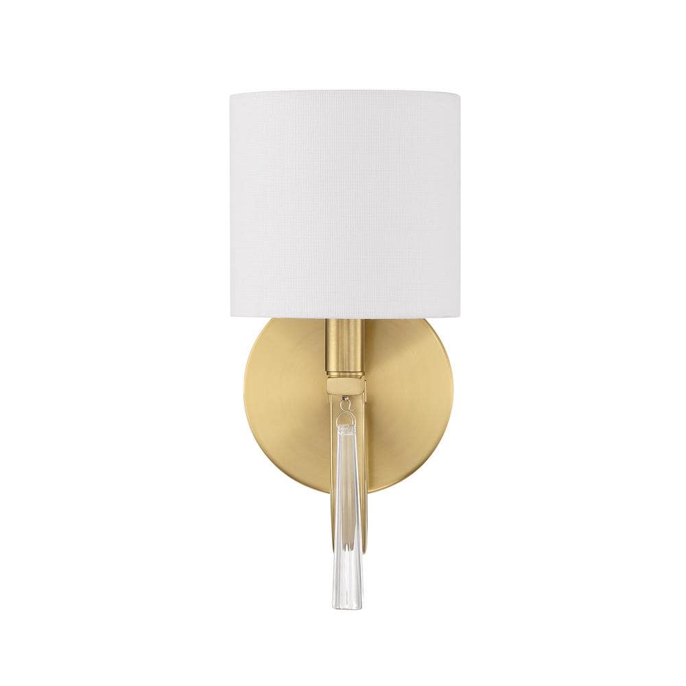 Satin Brass Single Light Sconce with White Linen Shade