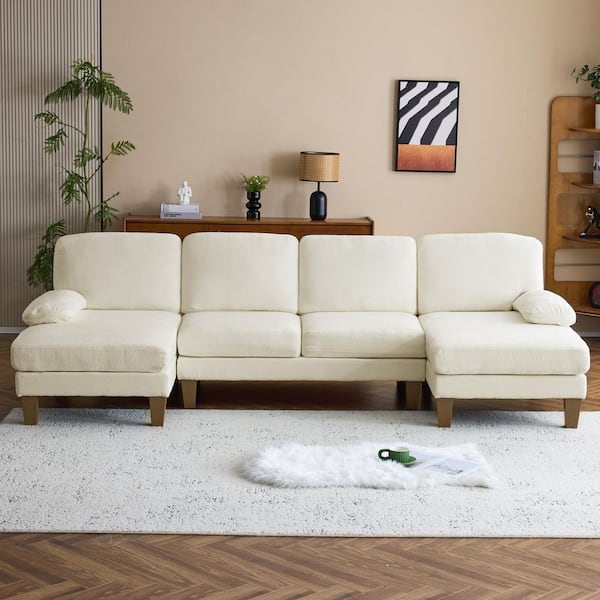 111 in. Pillow Top Arm 3-Piece U-Shaped Chenille Mordern Sectional Sofa in Beige