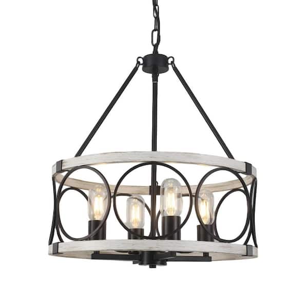 ZJVAIVE 17.12 in. 4-Light Matte Black/Vintage White Chandelier with Metal Circle Shade and No Bulbs Included For Dinning Room