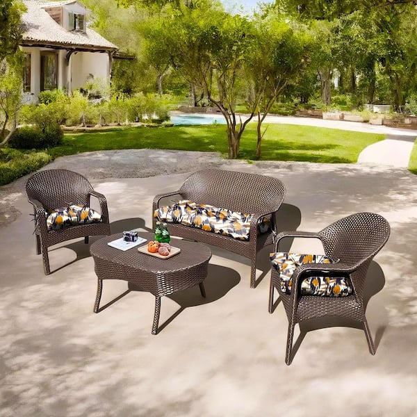 BLISSWALK 3-Piece Outdoor Loveseat Cushions Deep Seating 19 in. L x 44 in. W x 5 in. H, Patio Furniture Cushion w/Tie Brown Floral