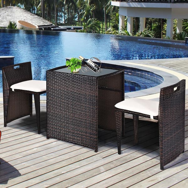 Gtnali 3-Pieces Outdoor Wicker Patio Set with Off White Cushion