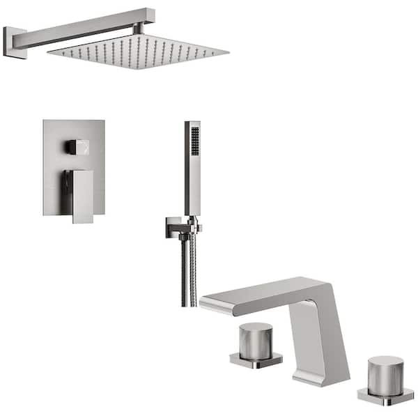 YAWWALK 2-Spray 10 in. Wall Mount Dual Fixed and Handheld Shower Head with 8 in. Basin Faucet Set 1.8 GPM in Brushed Nickel