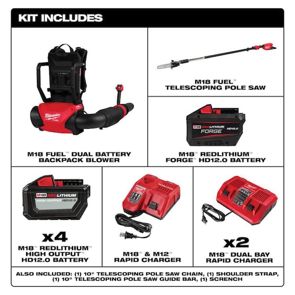 M18 FUEL 18V Brushless Cordless Dual Battery Backpack Blower Kit w/ M18 Pole Saw, (5) M18 Batteries, (3) Chargers