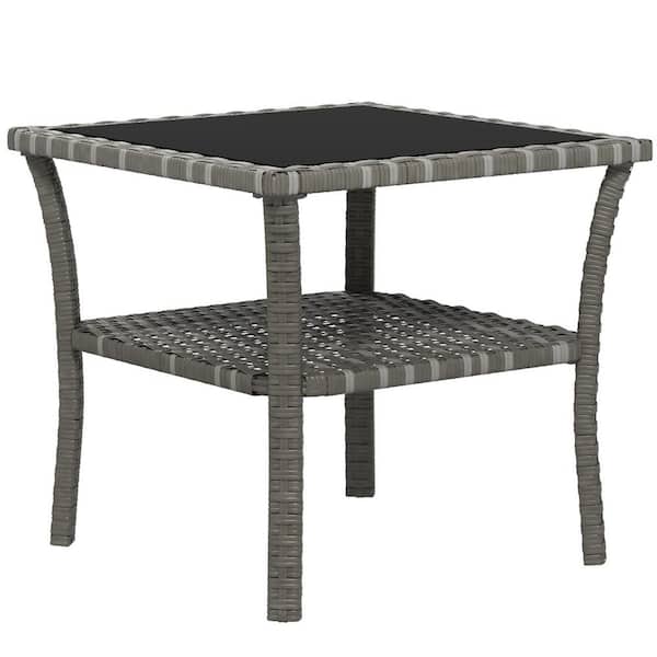 Unbranded Outdoor Mixed Gray Rattan 17.8 in. H Side Table, with Storage Shelf, Aluminum Frame Square and Tempered Glass Top