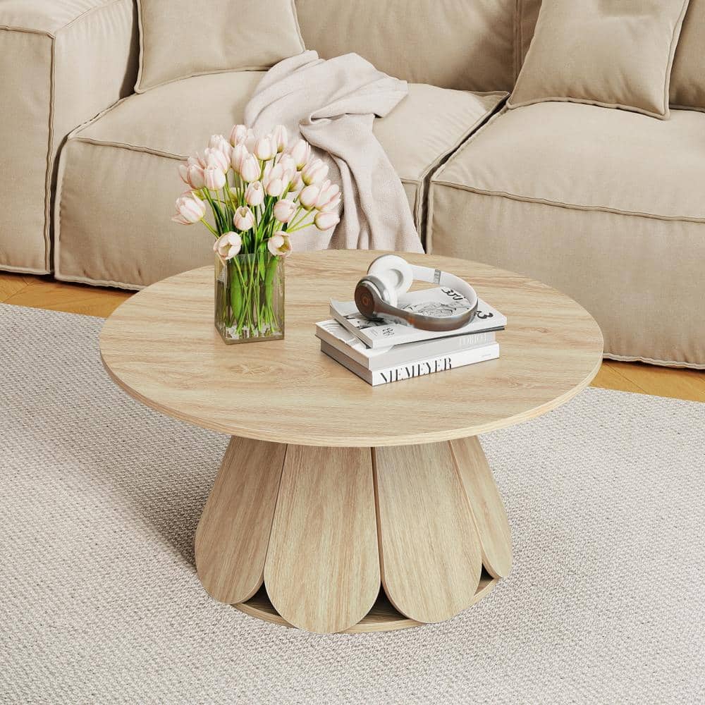 ATHMILE Natural 31.49 in. Round MDF Petal Coffee Table NAD