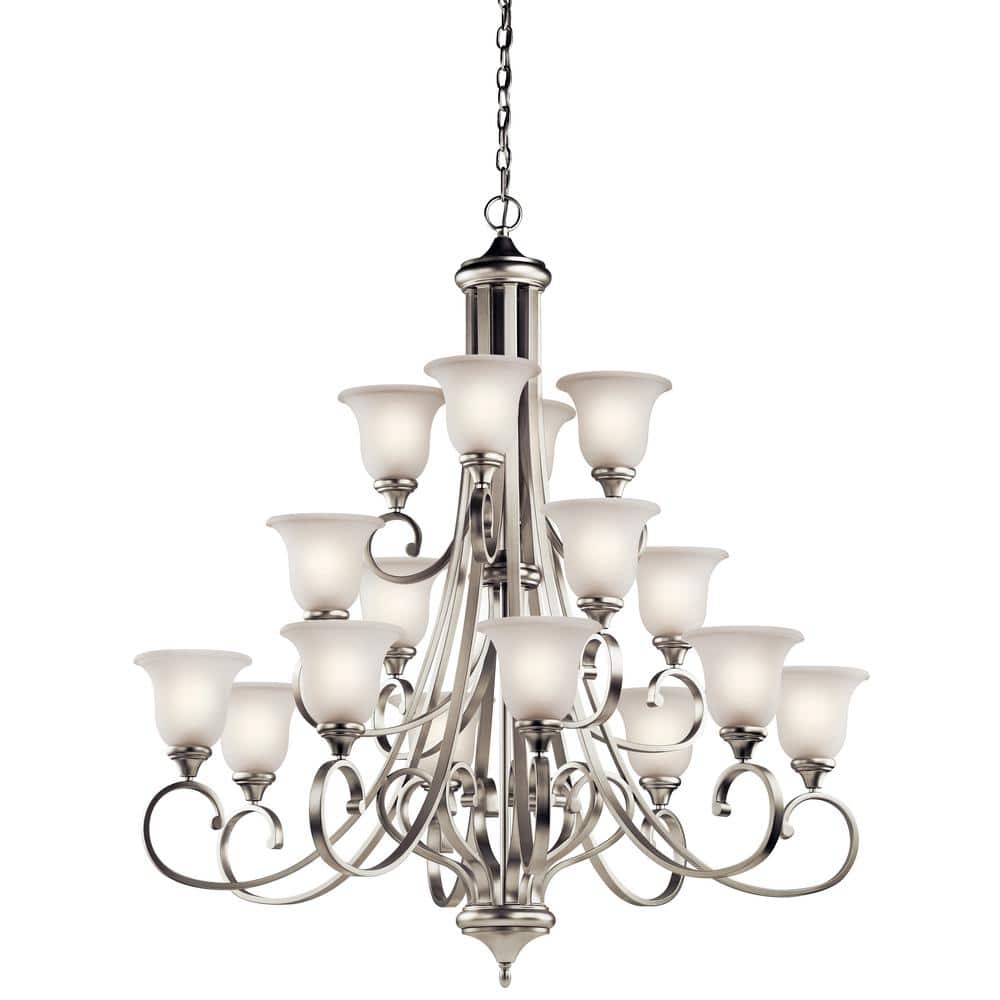 Traditional 16-Light Distressed Bronze Chandelier with Satin Etched Glass