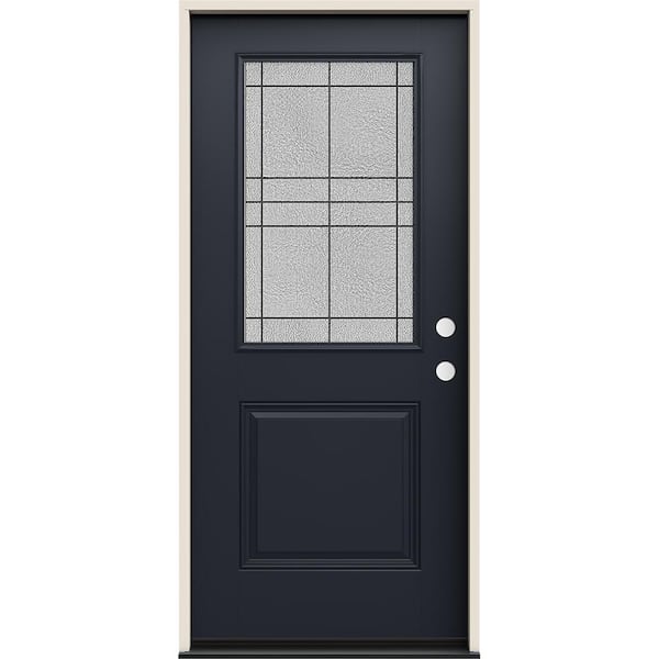 JELD-WEN 36 in. x 80 in. Left-Hand 1/2 Lite Dilworth Decorative Glass Black Fiberglass Prehung Front Door