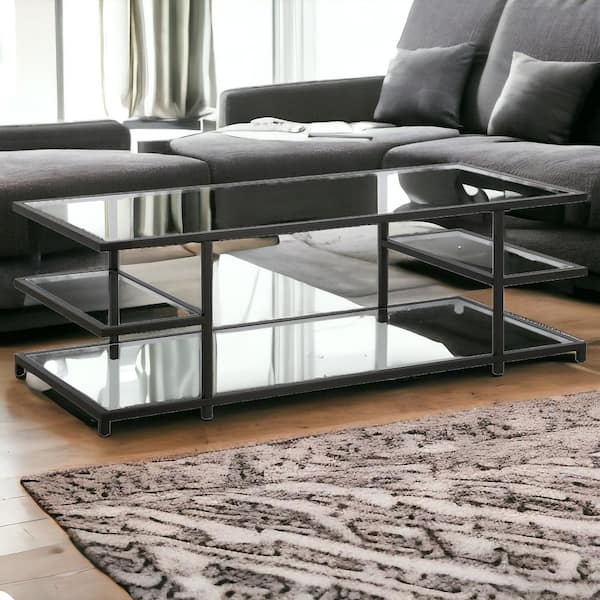 HomeRoots 54 in. Black Rectangle Glass Coffee Table with Shelves Storage