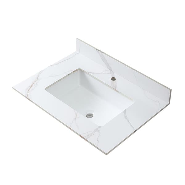 Aoibox 31 in. W x 22 in. D Sintered Stone White Rectangular Single Sink Bathroom Vanity Top in Carrara Gold Single Faucet Hole