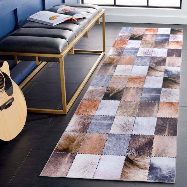 Faux Hide Beige/Brown 3 ft. x 8 ft. Machine Washable Plaid Solid Color Runner Rug