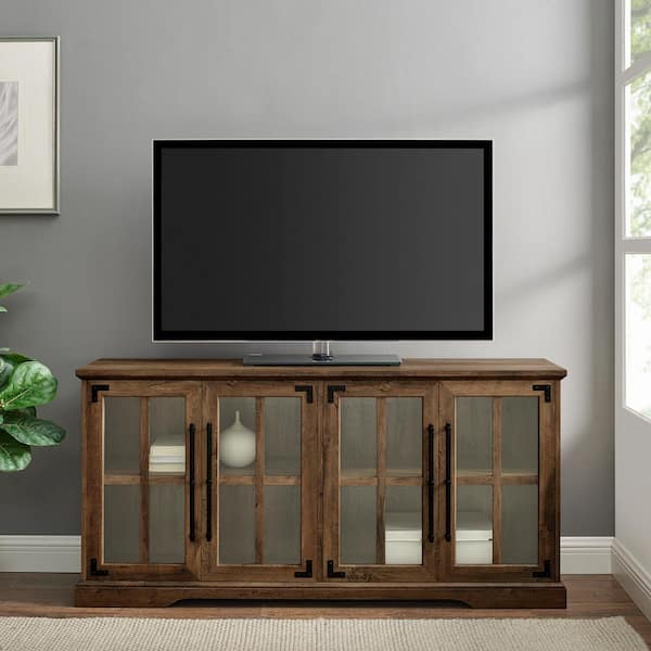 58 in. Farmhouse Rustic Oak Wood TV Stand with Glass Windowpane Doors (Max TV Size 65 in.)
