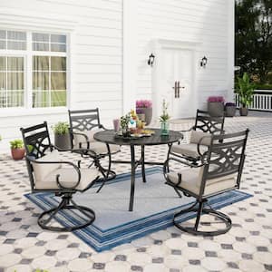 5-Piece Metal Patio 42 in. Round Table Outdoor Dining Set with Swivel Beige Cushions Dining Chairs