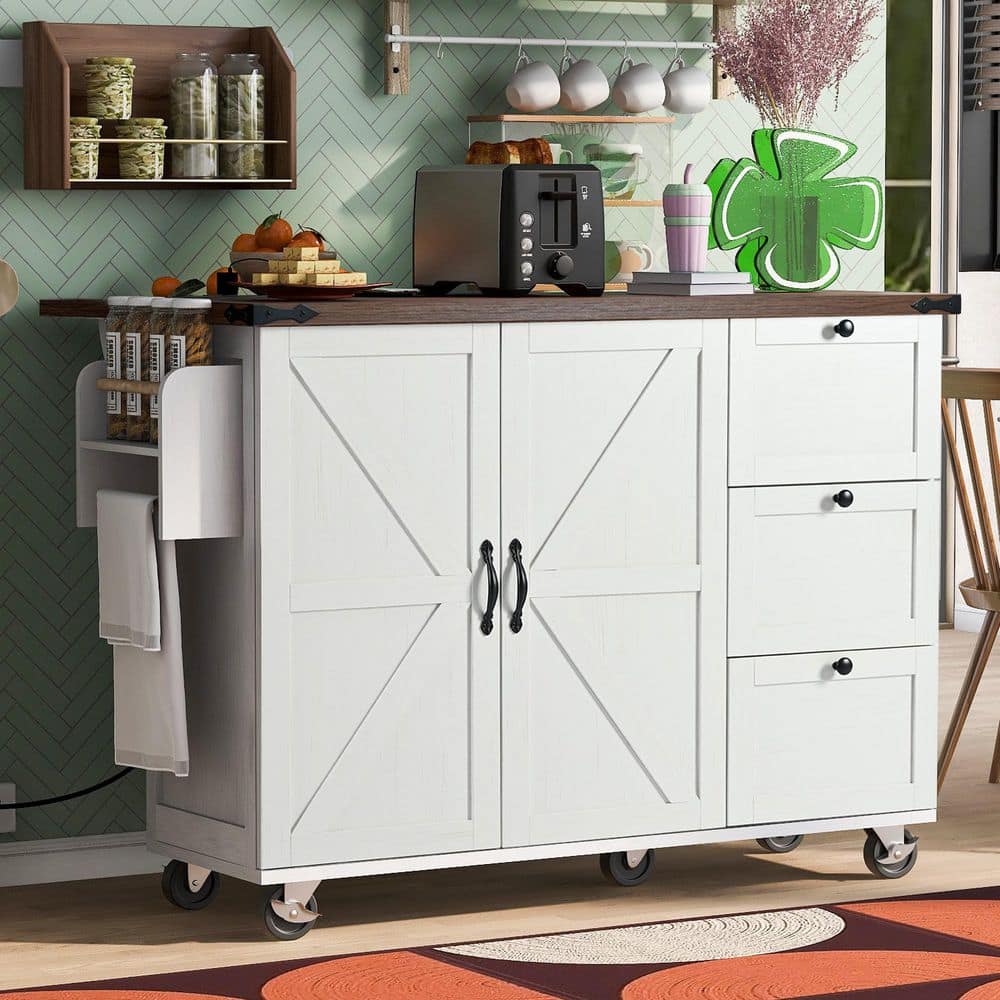 Rolling White Drop Leaf Wood Top 54 in. Kitchen Island Cart with Power Outlets, Internal Door Racks, 5-Wheels