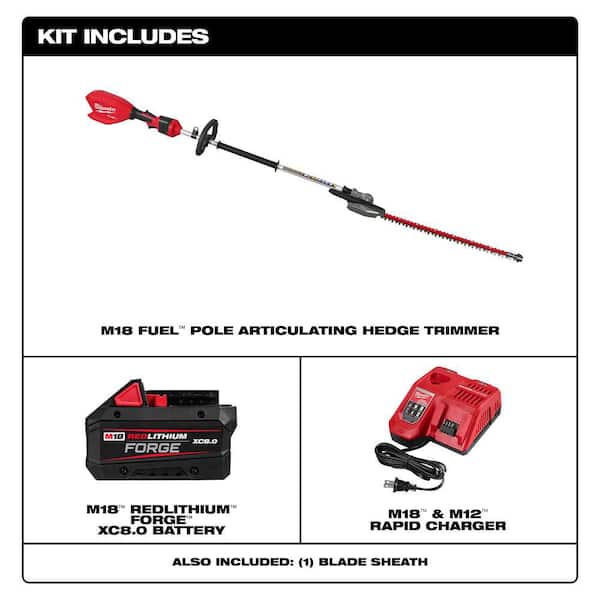 Milwaukee M18 FUEL 18V 24 in. Brushless Cordless Battery Powered Pole Articulating Hedge Trimmer Kit w/ 8.0 Ah Battery, Charger
