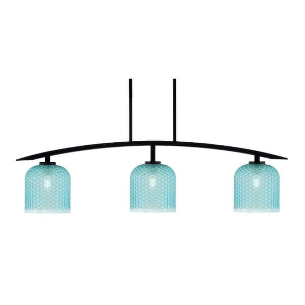 Unbranded Siena 41 in. 3-Light Matte Black Chandelier with 7 in. Turquoise Textured Glass Shades No Bulbs Included