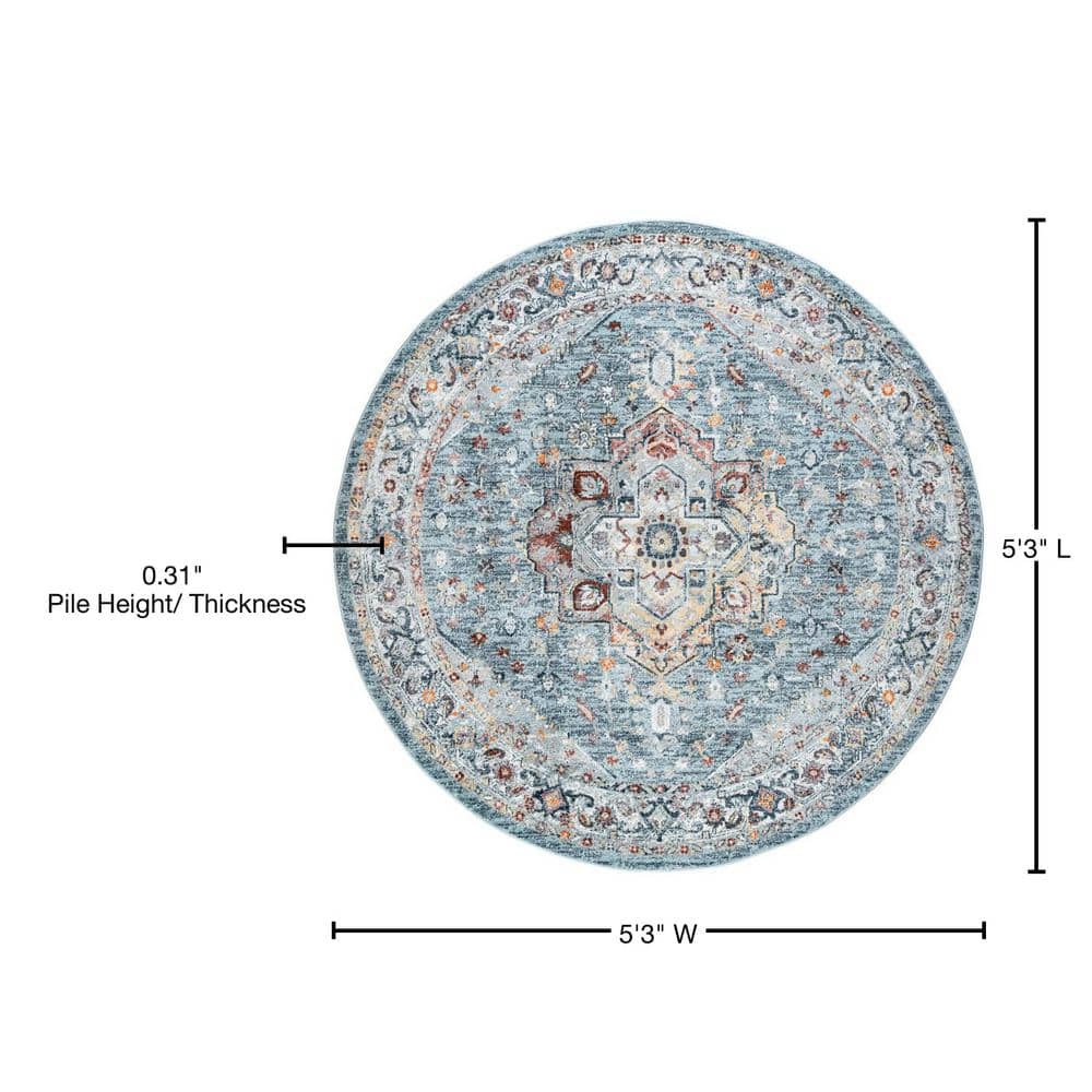 Veranda Modern 5.25' Round Gray Blue Synthetic Area Rug