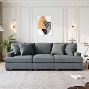 88.5 in. W Square Arm 2-Piece Linen Rectangle 3-Seats Sectional Sofa in Gray