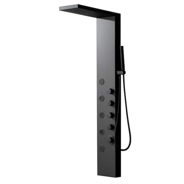 BWE 5-Jet Rainfall Shower Panel Tower System with Rainfall Waterfall Shower Head and Shower Wand in Black