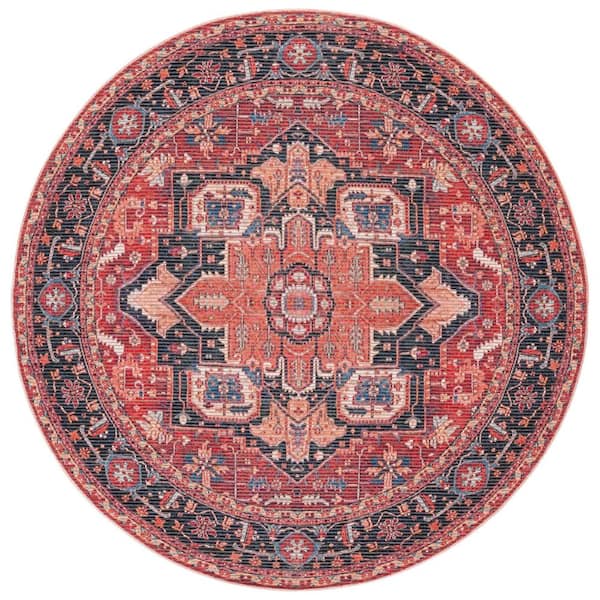Serapi Red/Blue 7 ft. x 7 ft. Machine Washable Border Ornate Round Area Rug