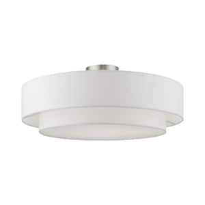 Meridian 22 in. 4-Light Brushed Nickel Semi-Flush Mount with Off-White Fabric Shade