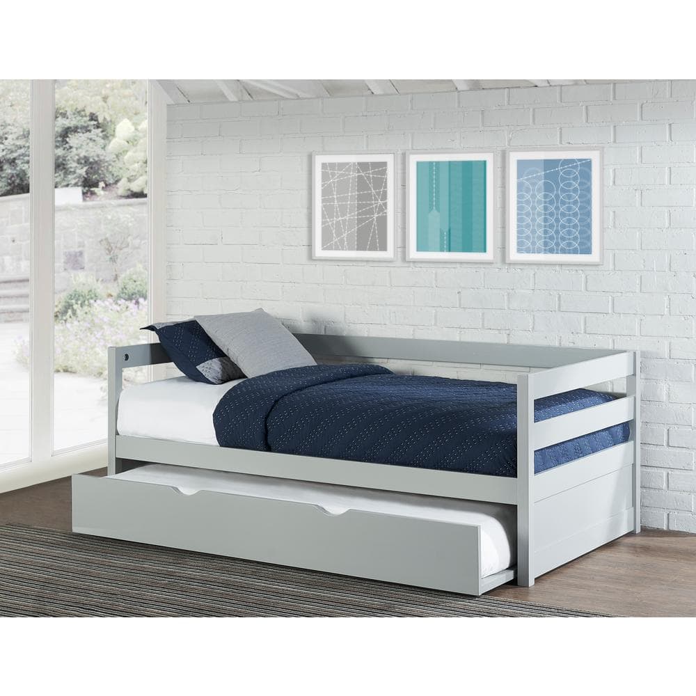 Gray Twin Pine Wood Daybed with Trundle and Slats