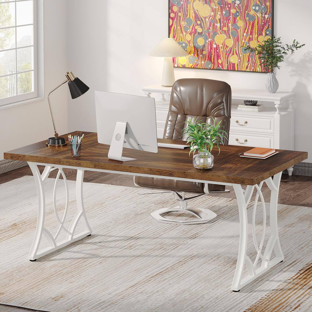 Capen 63 in. Rectangular Walnut and White Engineered Wood Executive Desk Computer Desk Conference Table for Home Office