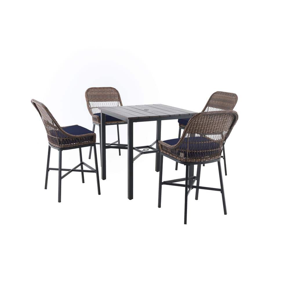 Hampton Bay Beacon Park 5-Piece Brown Wicker Outdoor Patio High Dining Set with CushionGuard Midnight Navy Blue Cushions -  H013-01411400