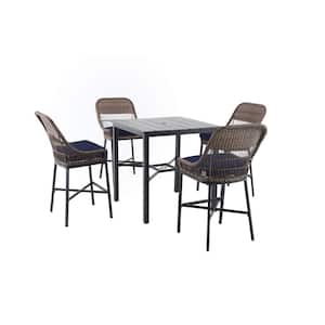 Beacon Park 5-Piece Brown Wicker Outdoor Patio High Dining Set with CushionGuard Midnight Navy Blue Cushions