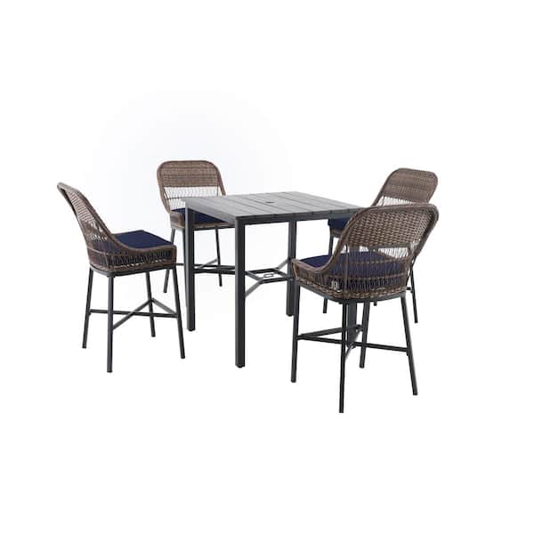 Hampton Bay Beacon Park 5-Piece Brown Wicker Outdoor Patio High Dining Set with CushionGuard Midnight Navy Blue Cushions
